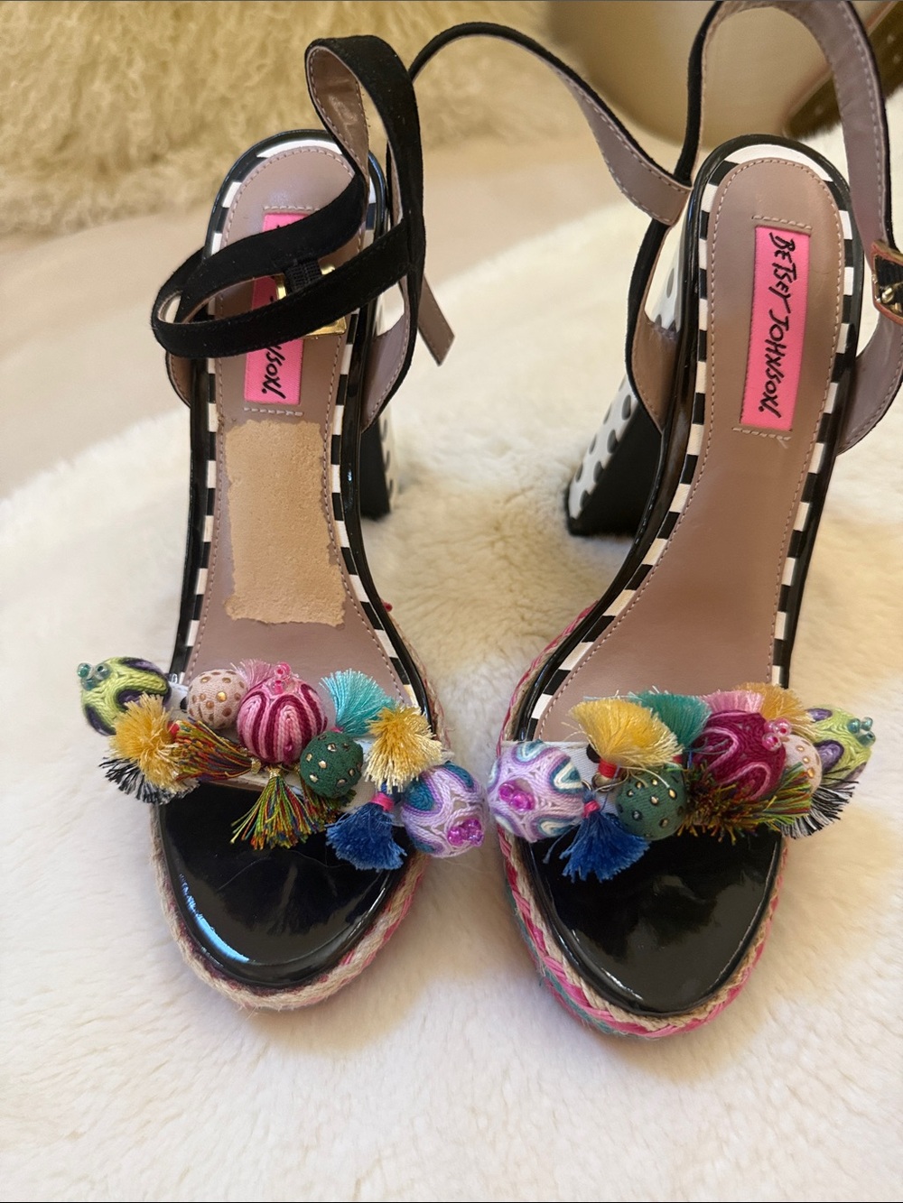 Betsey Johnson Black Patent Multi-Color Pom Pom Platform Heels